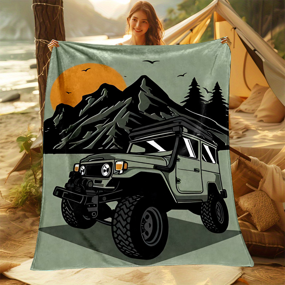 Outdoor Adventure Jeep - Cozy Camping Jeep Illustration Throw Blanket